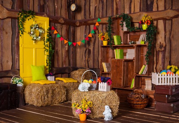 Toile de fond décors de Pâques colorés en paille de salle en bois marron Online-Schn?ppchen